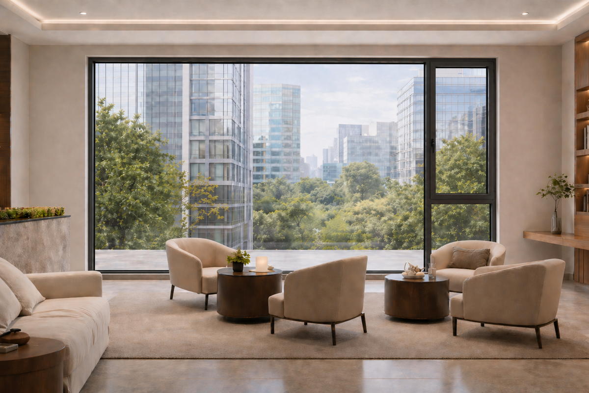 Prime Thermal Casement Window configuration with broad central glazing and side panels in a city-facing living room