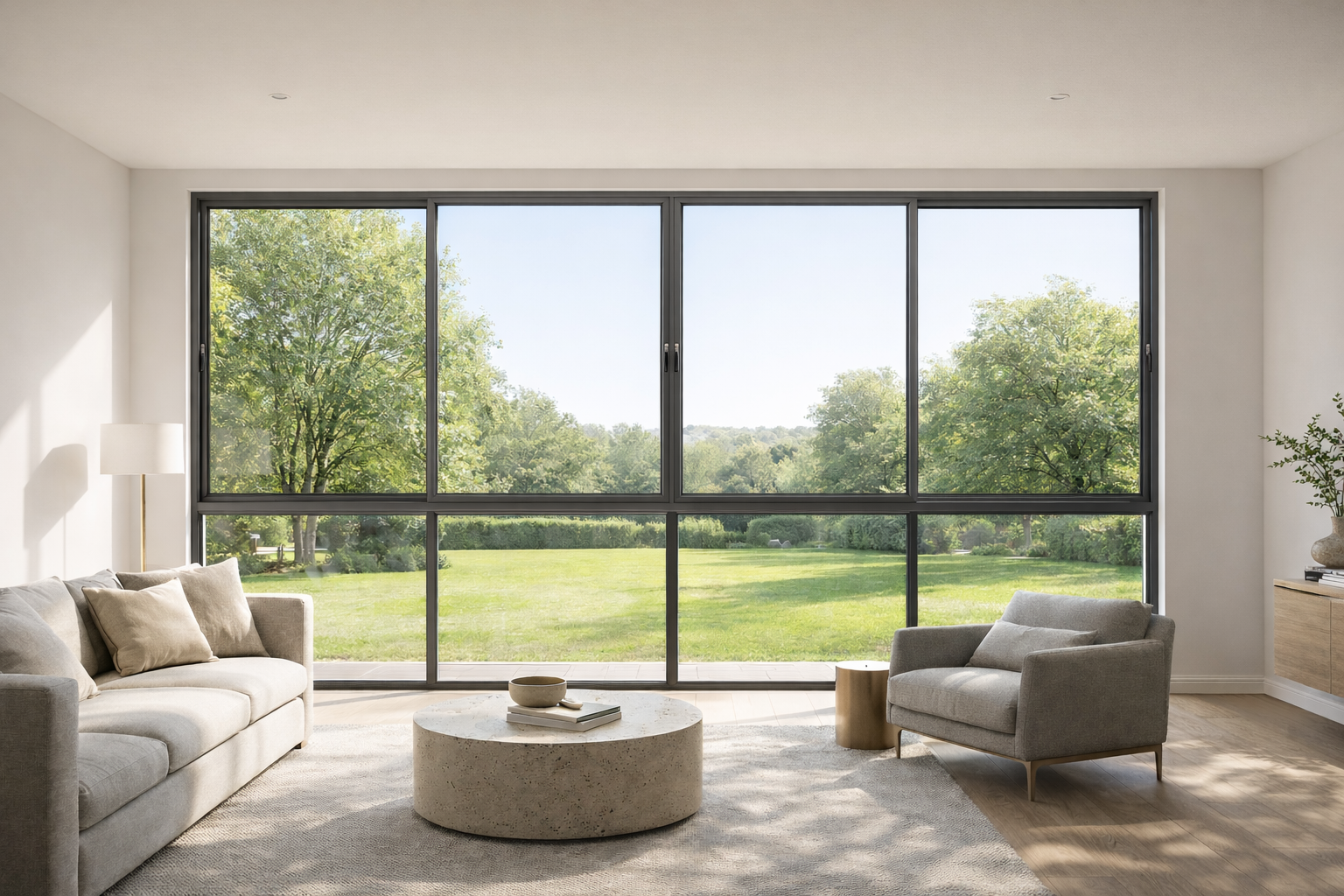 Modern Sliding Window in a bright residential interior with wide landscape view