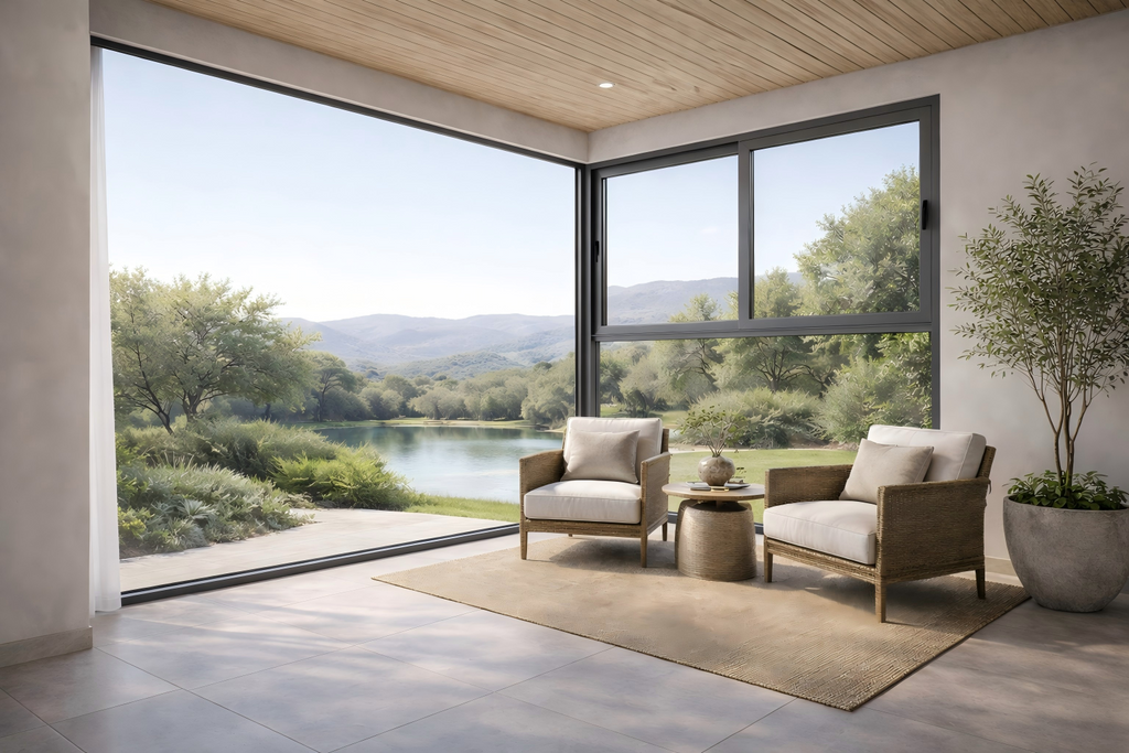 Slimline panoramic sliding window system for villa living spaces and open landscape views