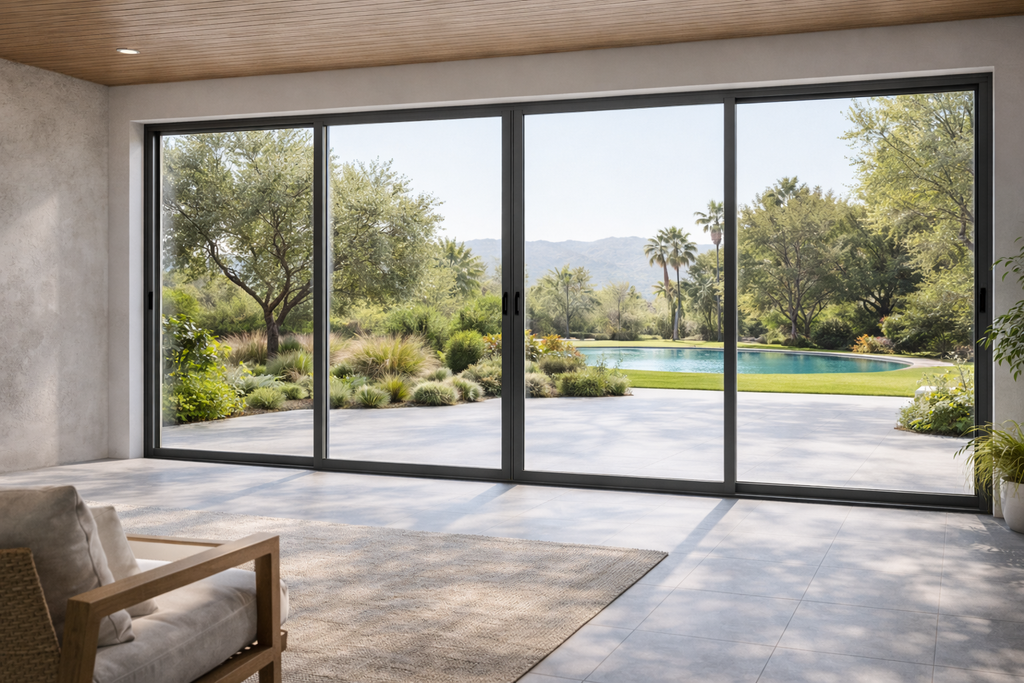 Slim Frame Sliding Door in a modern poolside residential setting with wide opening