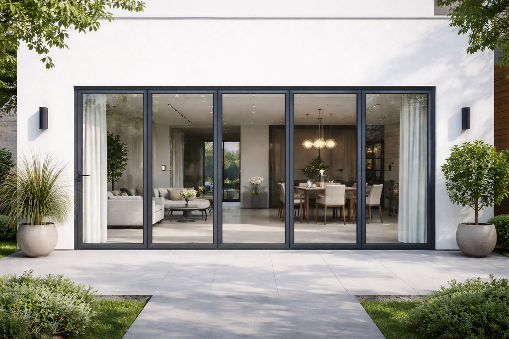 Folding Door in a modern residential entrance or courtyard setting with wide opening effect