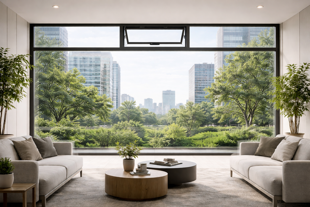Fixed and top-hung ventilation system in a bright public interior with strong natural daylight