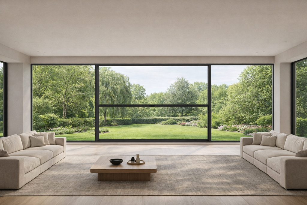 Motorized Vertical Lift Window System in a large luxury interior with panoramic garden view