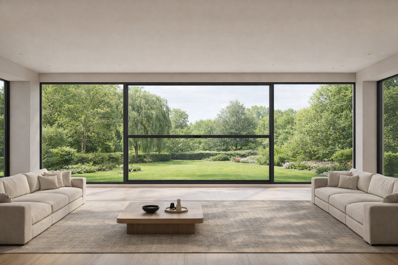 Motorized Vertical Lift Window System in a large luxury interior with panoramic garden view