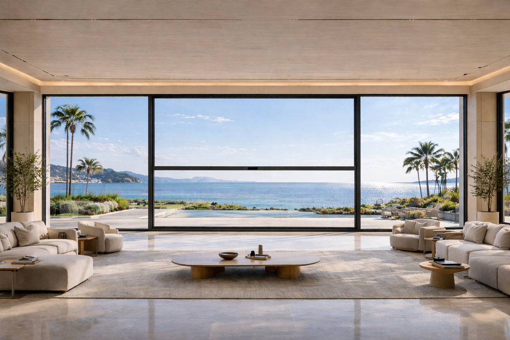Vertical Lift Window System for oversized hotel lobby or hospitality glazing applications