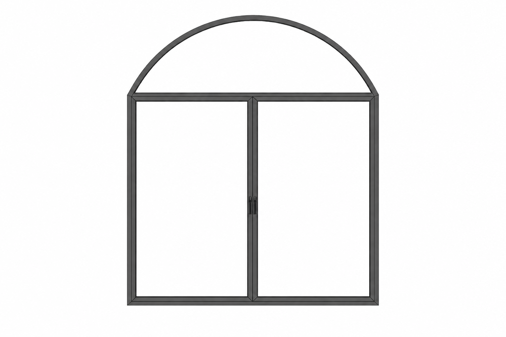 Arched Window and Door System with full arched top and lower double door configuration