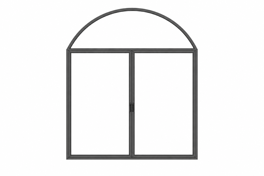 Arched Window and Door System with full arched top and lower double door configuration