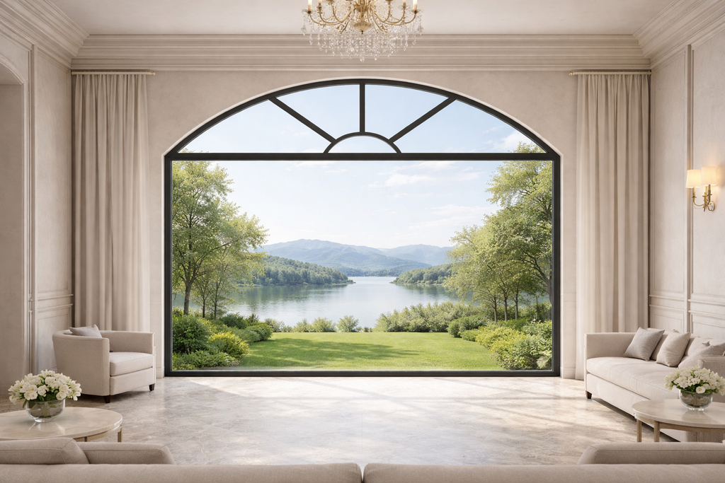 Panoramic arched viewing window system for large architectural openings with decorative arch presentation
