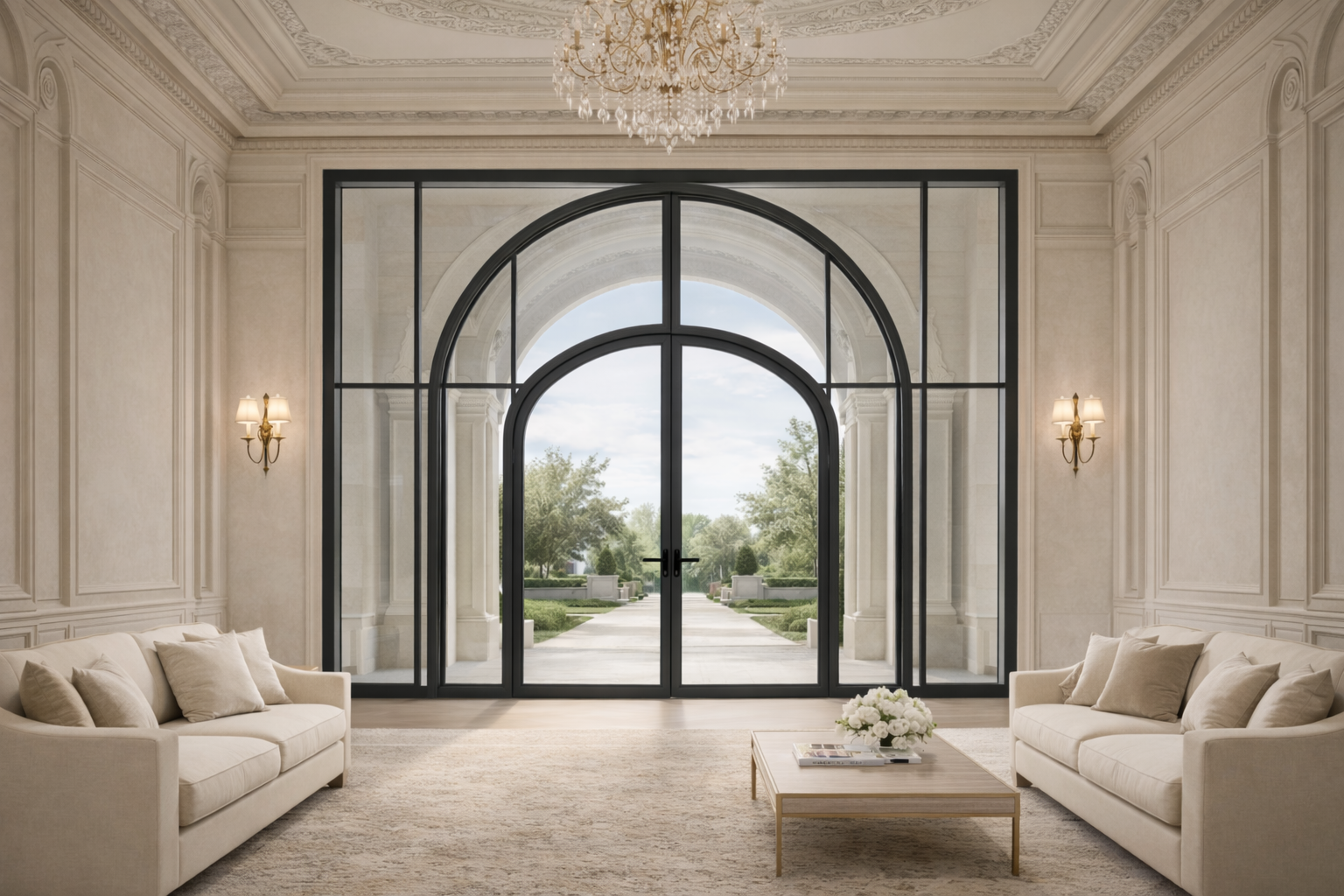 Architectural arched entry system with symmetrical double door and refined fixed side glazing