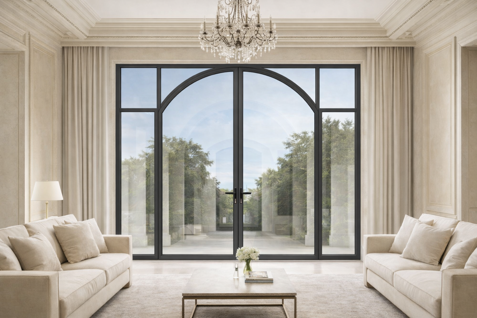 Custom arched entrance system for hotel style entry spaces and reception architecture