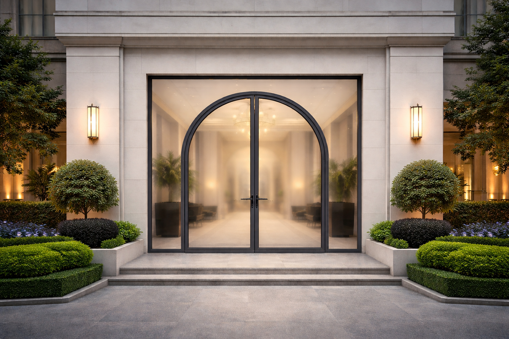 Arched Entrance System in a villa facade with elegant double-door entry composition