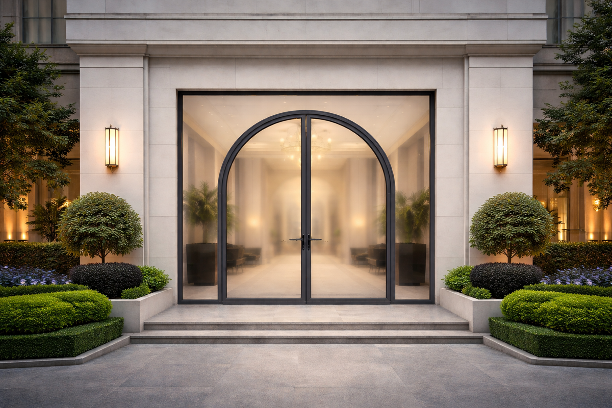 Arched glazed entrance doors framed by a stone façade and planting at dusk