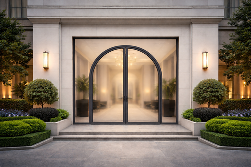 Arched Entrance System in a villa facade with elegant double-door entry composition